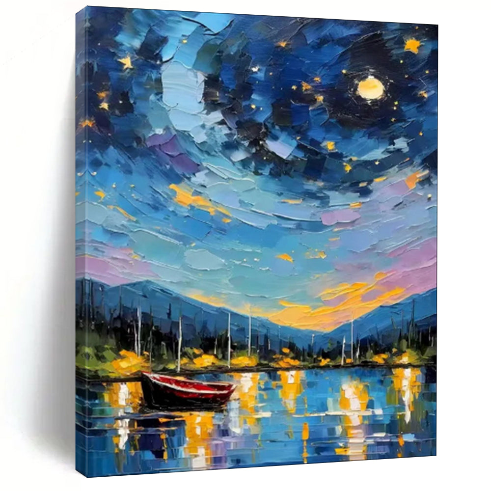 “Colorful Impasto Night Sky Harbor” - Impasto Landscape Painting On Canvas PT1886