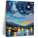 “Colorful Impasto Night Sky Harbor” - Impasto Landscape Painting On Canvas PT1886