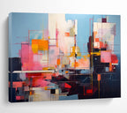 “Vibrant Geometric Abstract Cityscape in Pink, Blue & Colorful Lines” - Modern Cubist - Inspired Painting On Canvas PT020