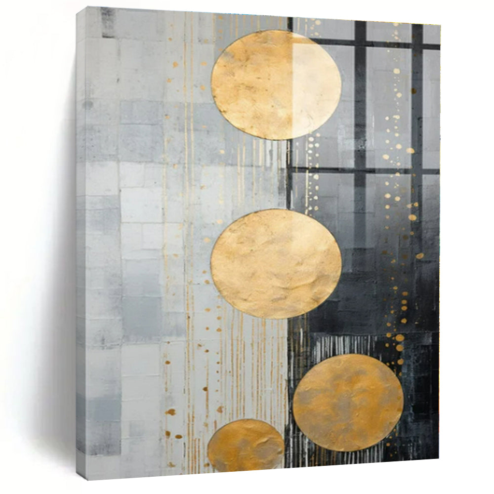 Gold Circles on Gray Abstract - Geometric Metallic Abstract Painting On Canvas PS1241