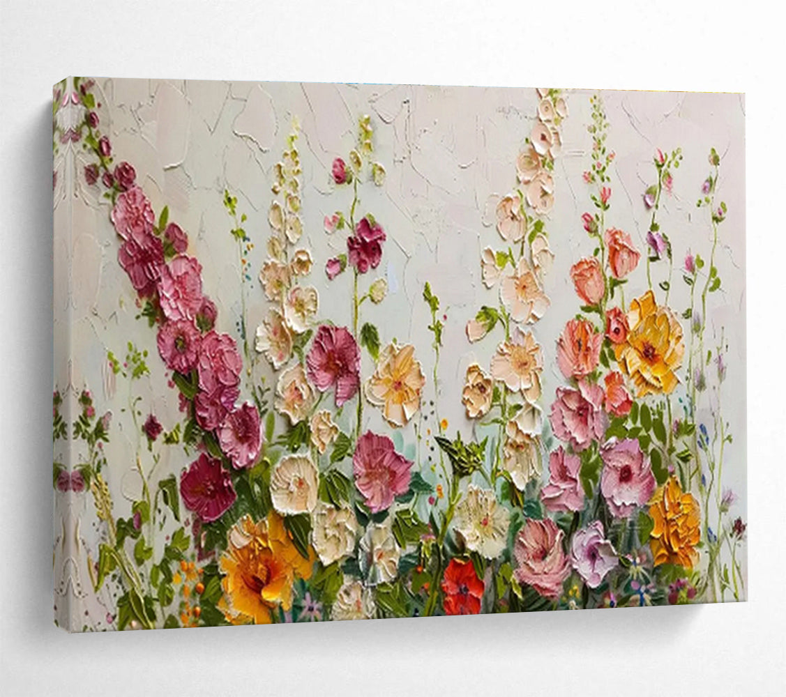 “Pastel Wildflower Meadow” - Soft Pink, Yellow & Green Floral, Impasto Flower Field Painting On Canvas DKS683