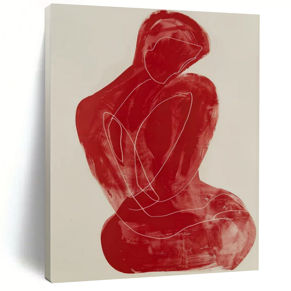 “Red Abstract Figure” - Minimalist Line Painting On Canvas PT2228