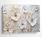 “Textured White Flowers on Beige” - Impasto Floral - Painting On Canvas PT1769