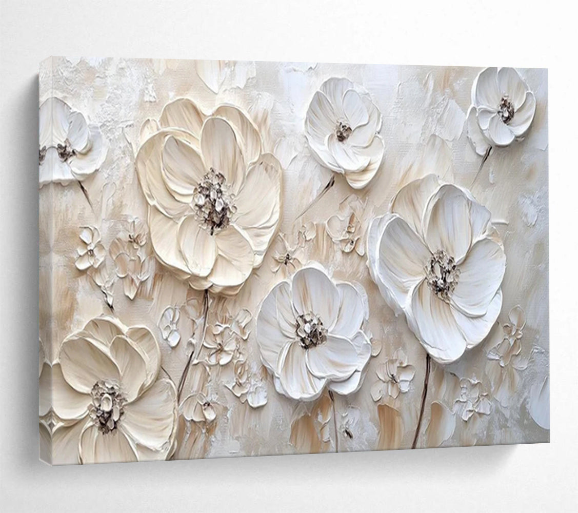 “Textured White Flowers on Beige” - Impasto Floral - Painting On Canvas PT1769