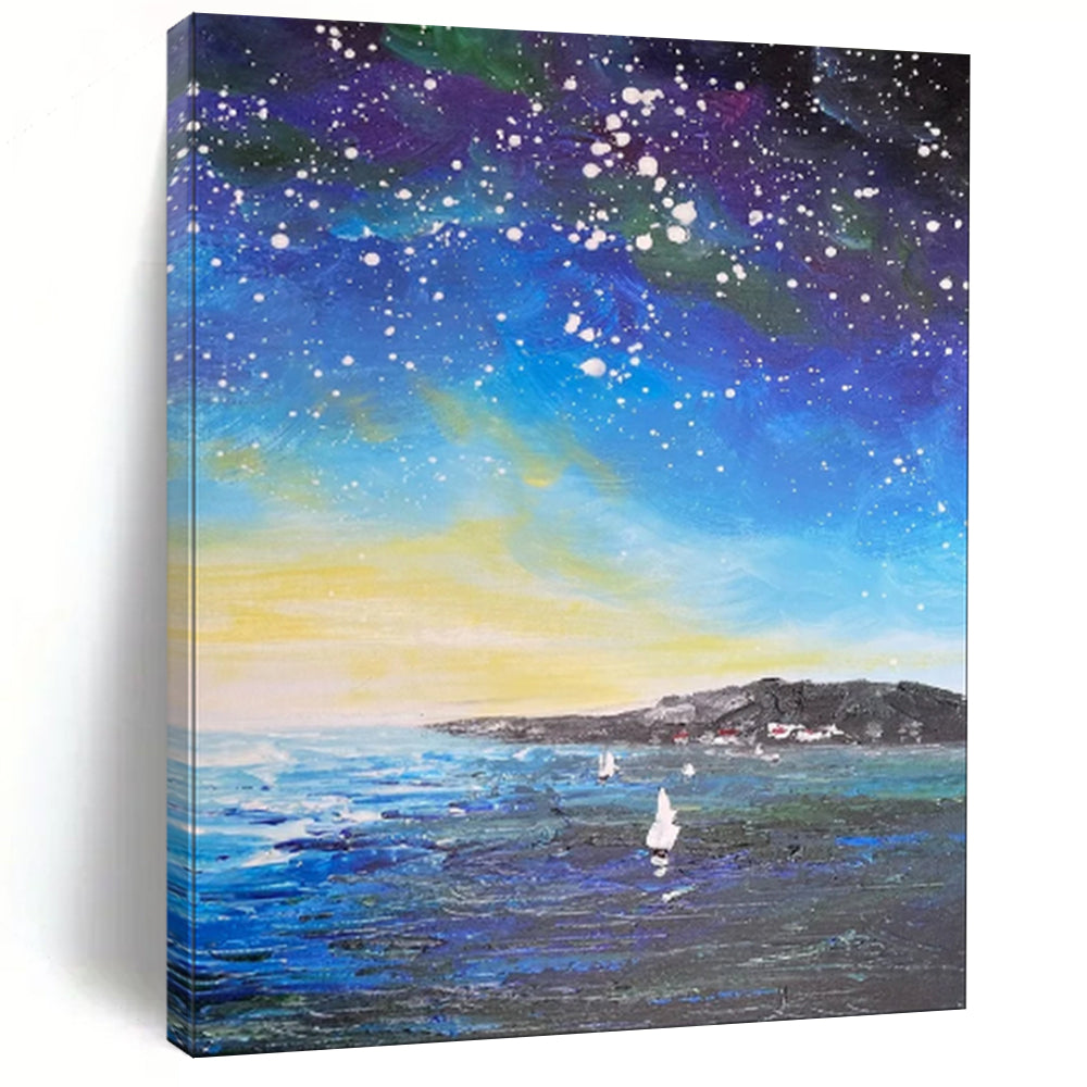 “Starry Night Coastal Sailboats” - Impressionist Night Sky Painting On Canvas PT1902
