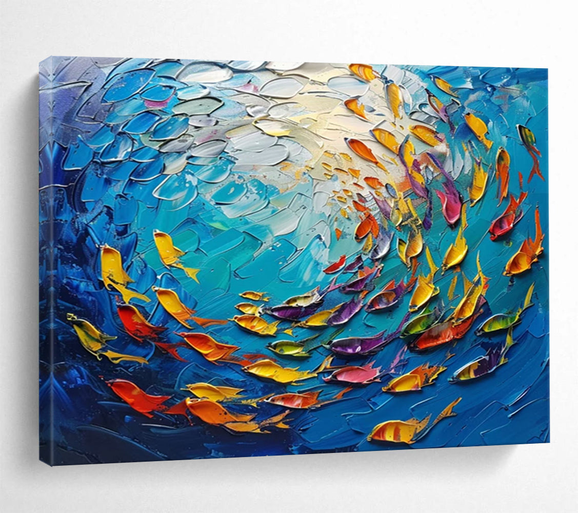 “3D Colorful Fish School” - Textured Underwater Painting On Canvas PT199