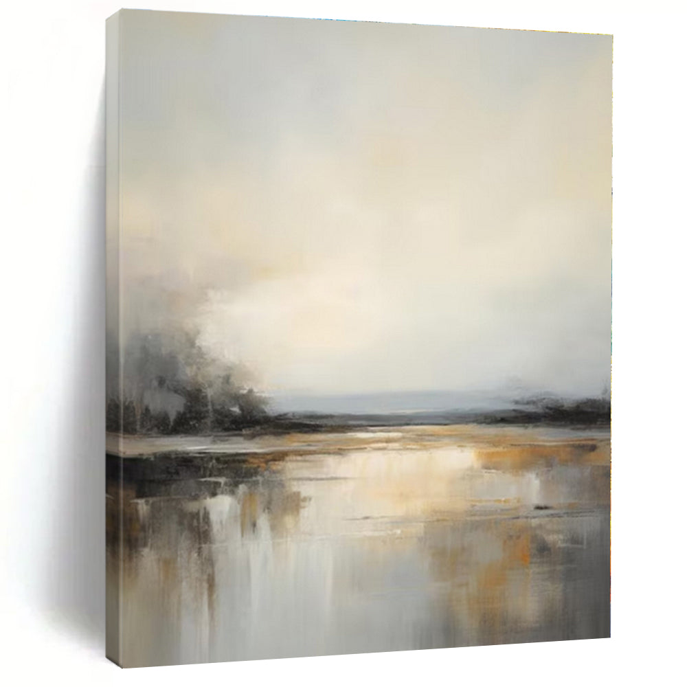 Gray, Beige, Gold with Reflective Landscape "Muted Reflections" Landscape Painting On Canvas PS1284