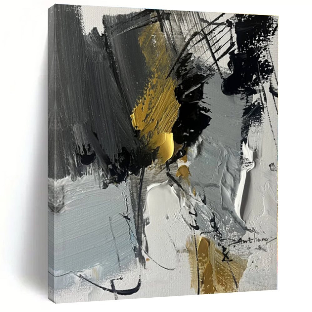 “Gray - Gold Dynamic Abstraction” - Gray, Gold, Black Abstract Painting On Canvas PS0493