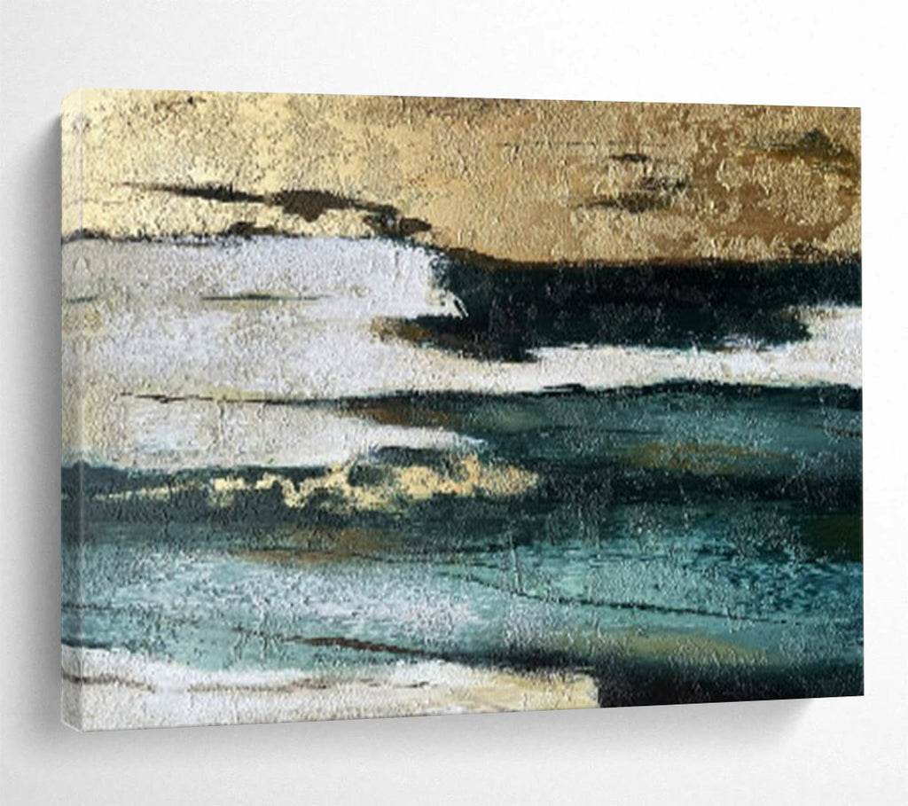 “Gold - Teal - White Textures” - Metallic Accents “Gilded Tide” Painting On Canvas PT1633