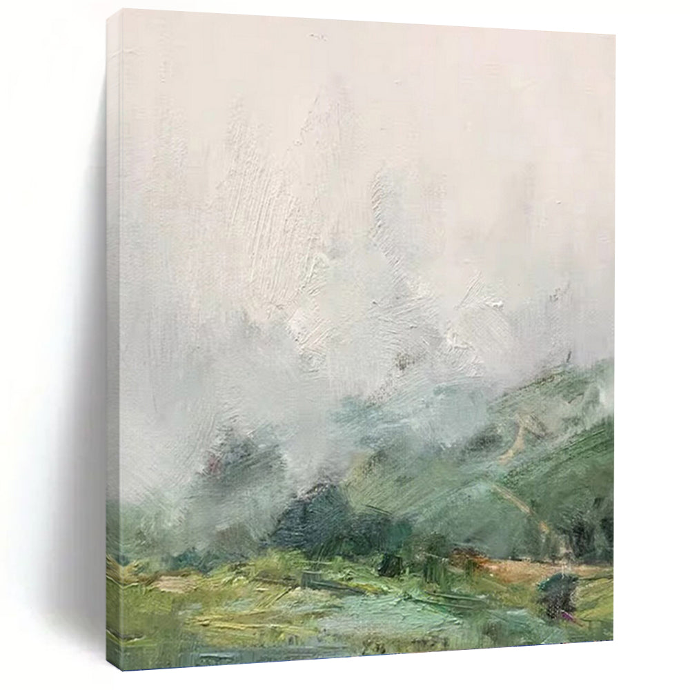 “Soft Green and Gray Landscape” - Landscape, Impressionistic Painting On Canvas PT1541