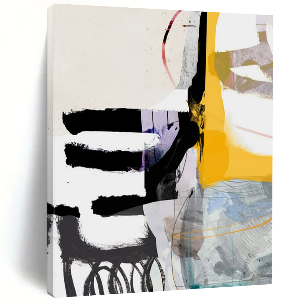 “Yellow - Purple - Black Abstract Collage” - Mixed - Media Abstract Painting On Canvas PT2313
