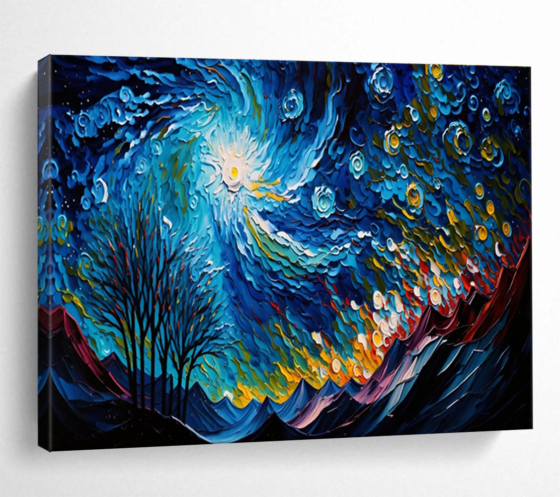 “Starry Night Mountains” - Impasto Oil Painting On Canvas DKS885