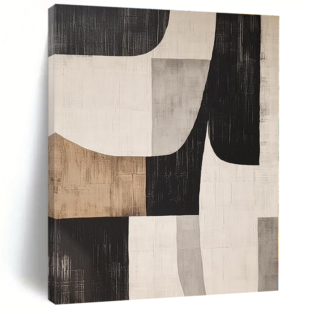 Black, White, Gray, Brown with Curved Geometric Shapes "Organic Geometry" Abstract Painting On Canvas PS1371