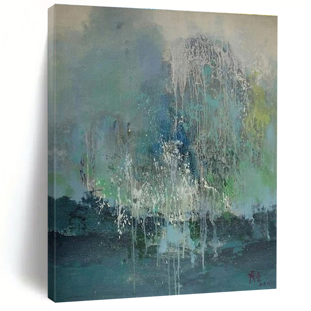 “Waterfall Of Colors” - Blue, Green, White Abstract Drip Painting On Canvas PS0638