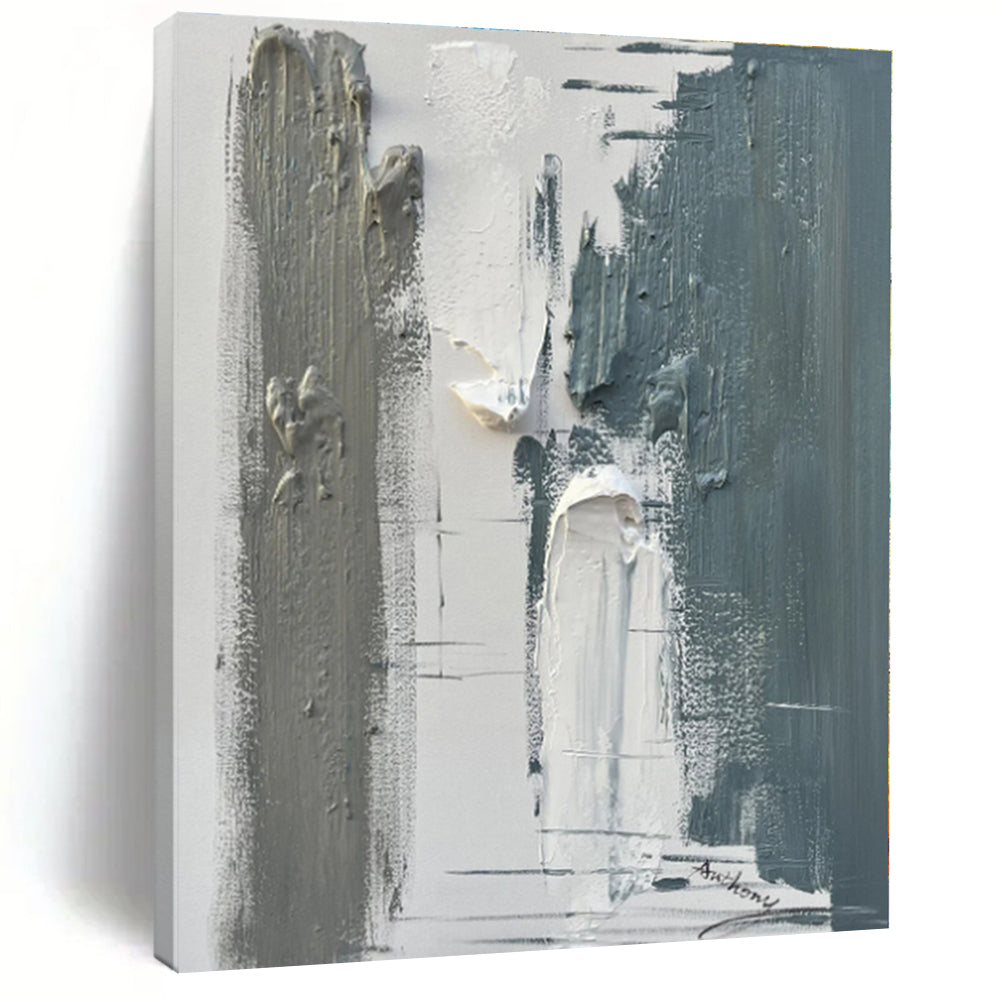 “Gray - White Textured Blocks” - Gray, White Abstract Painting On Canvas PS0494