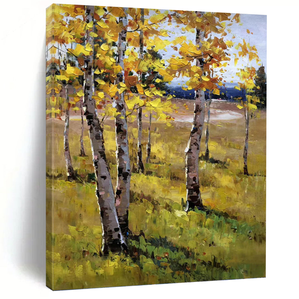 “Yellow - Green Autumn Birch Field” - Impasto Landscape Painting On Canvas PT1284