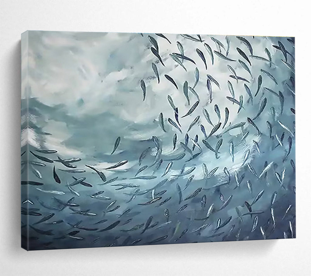 “School of Fish in Blue” - Impressionistic Oil Painting On Canvas DKS792
