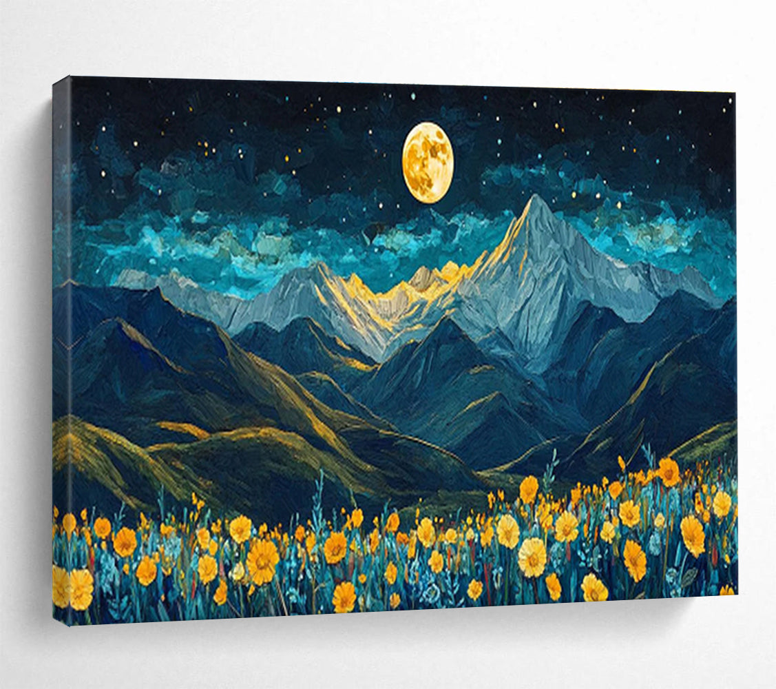 “Moonlit Mountain Blooms” - Blue, Yellow & Gold Landscape, Night Sky Oil Painting On Canvas DKS694