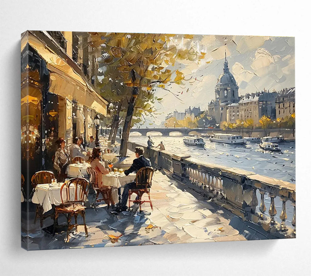 Riverbank Café - Cityscape Oil Painting, Ideal for Kitchen & Patio DKS666