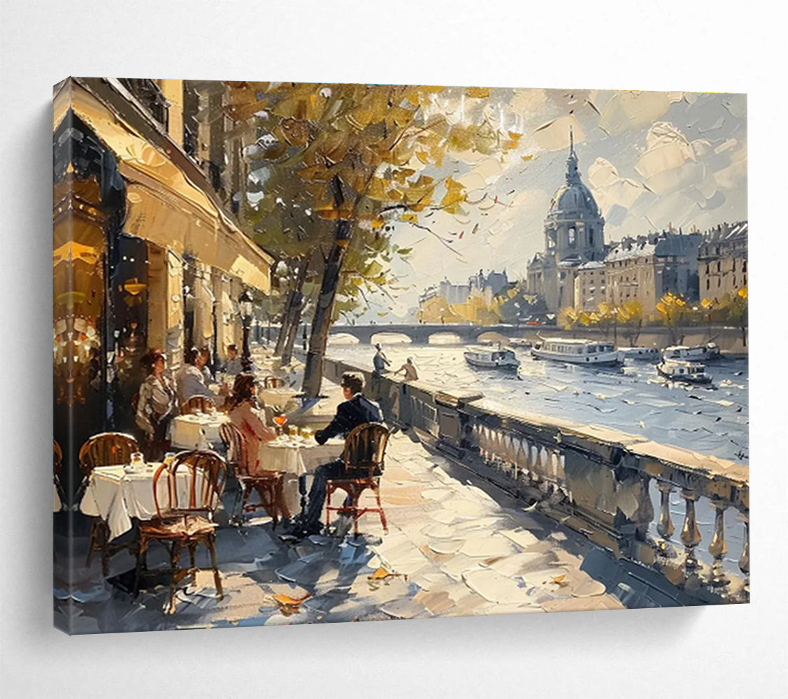 Riverbank Café - Cityscape Oil Painting, Ideal for Kitchen & Patio DKS666