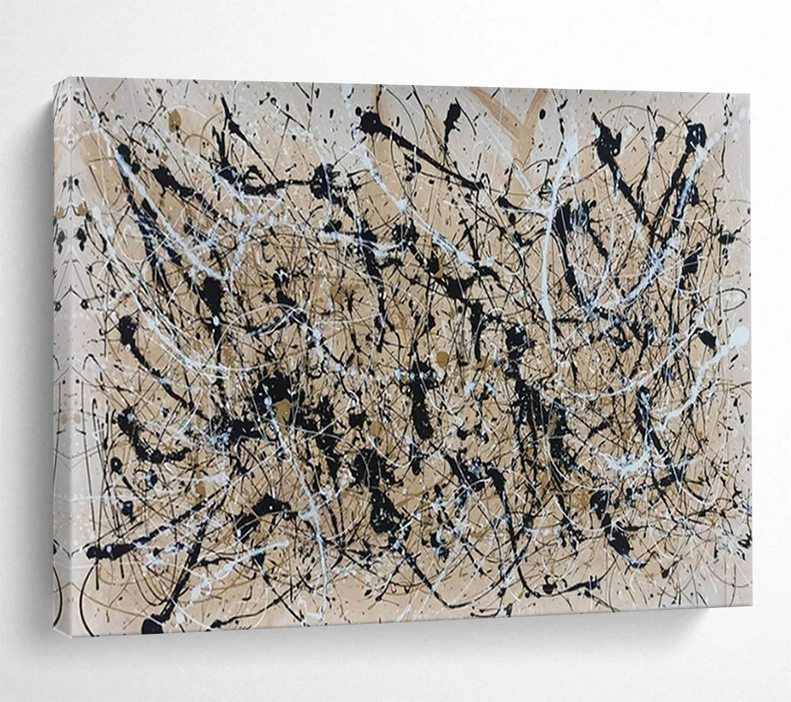 “Beige - Black - White Drip Art” - Pollock - Inspired Abstract Painting On Canvas PT1588