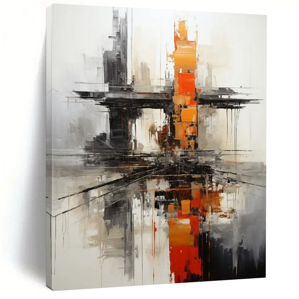 “Urban Abstract in Gray, Black, and Orange” - Industrial Abstract Painting On Canvas PT2265
