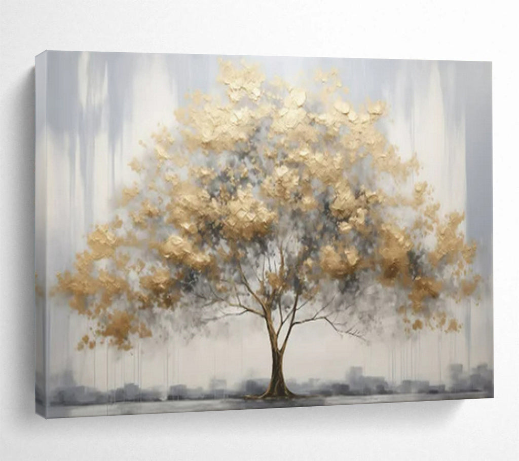 “Gold Tree on Gray” - Subtle Gold “Gilded Grove” Painting On Canvas PT1621