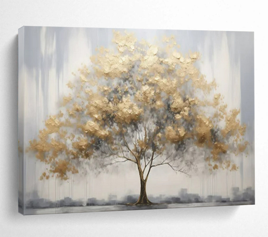 “Gold Tree on Gray” - Subtle Gold “Gilded Grove” Painting On Canvas PT1621