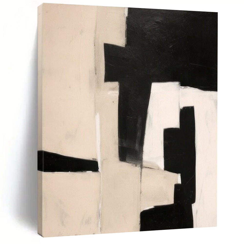 Monochromatic, "Black and Beige Blocks" – Abstract Geometric Painting On Canvas PS1038