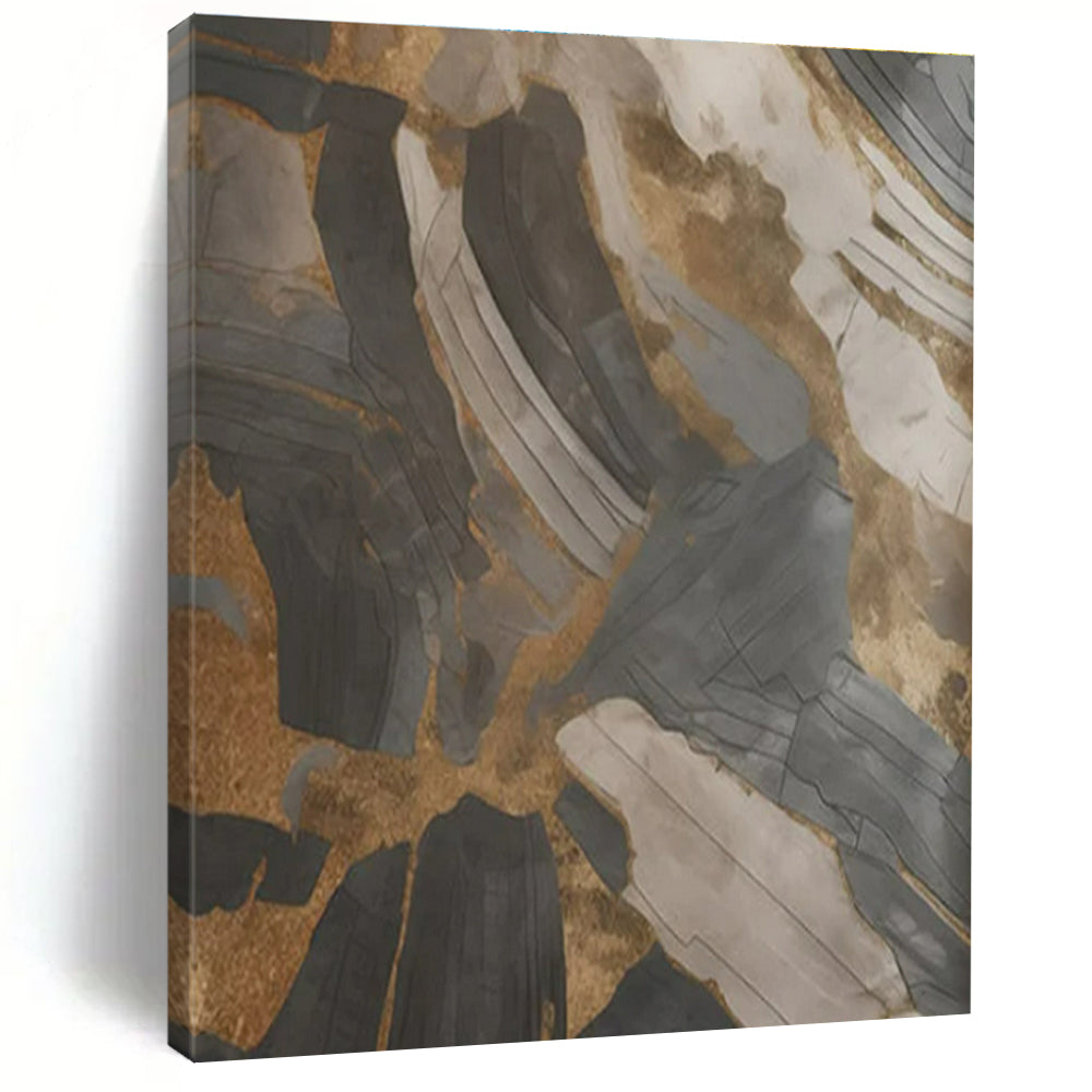 Gray, Gold & Black Abstract Shards "Urban Relic" Painting On Canvas PS0849