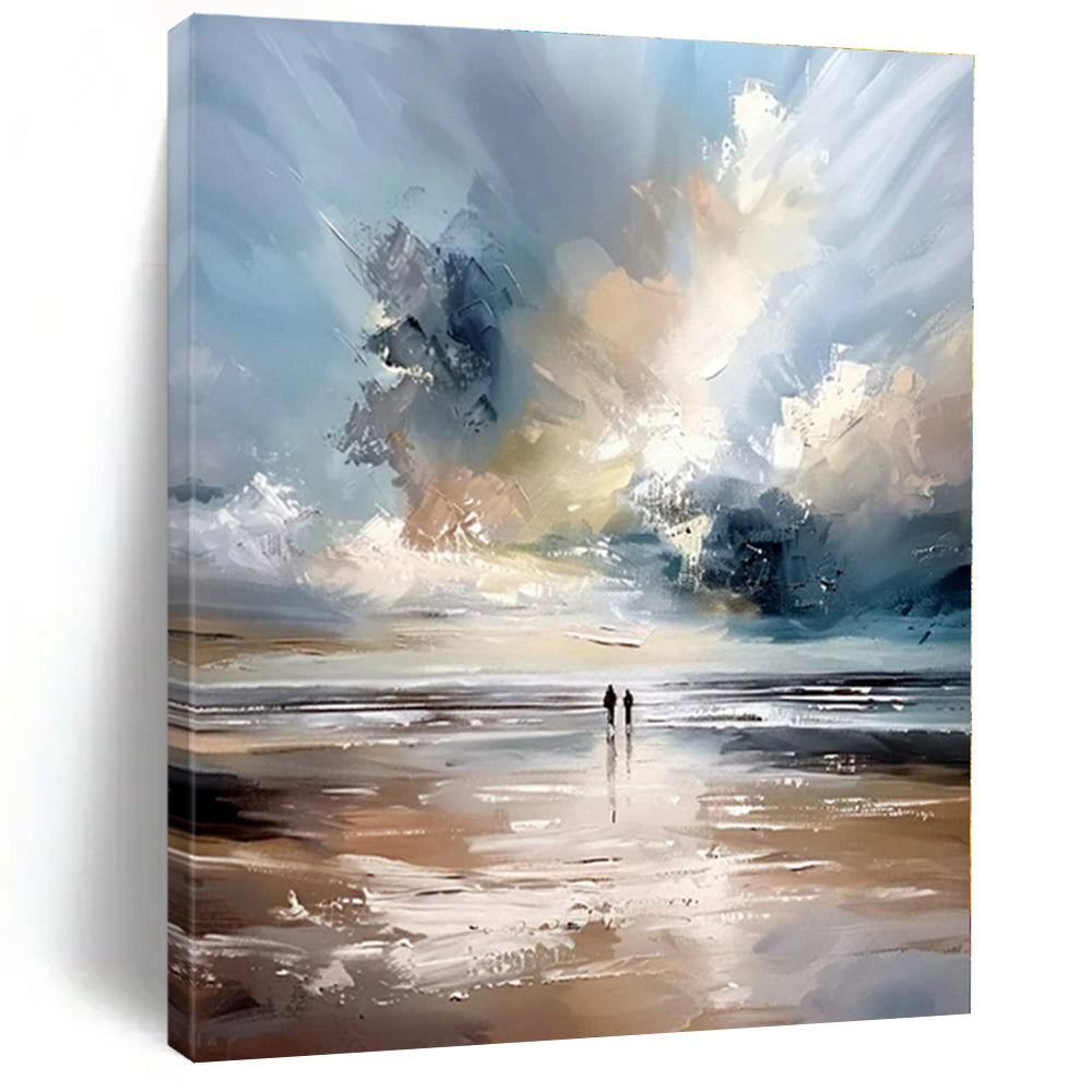 Blue, White, Gray with Beach Scene "Beach Serenity" Impressionist Painting On Canvas PS1329