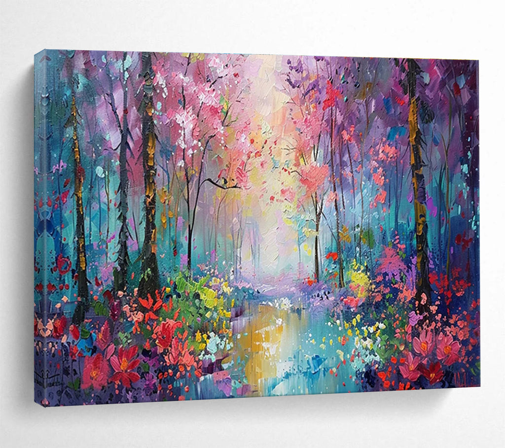 “Colorful Enchanted Forest” - Purple, Pink & Blue Landscape, Impressionistic Oil Painting On Canvas DKS765