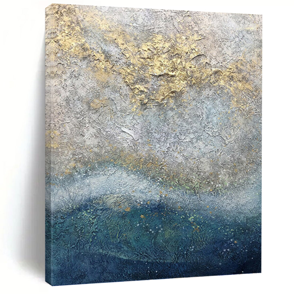 “Textured Grey - Gold: Abstract Coastal Art” - Luxe Seaside Painting On Canvas PT0958