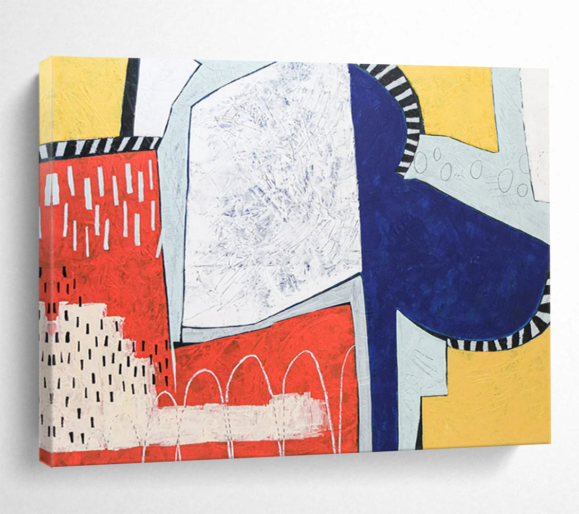 “Colorful Geometric Collage Like Shapes” Cubist Abstract Painting On Canvas PT1804