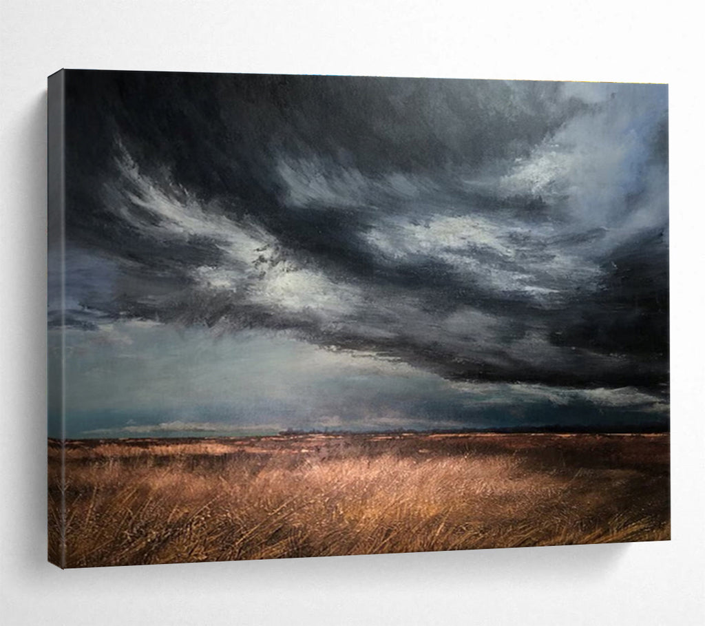 “Stormy Field Drama” - Gray, Black & Brown Landscape, Realist Oil Painting On Canvas DKS779