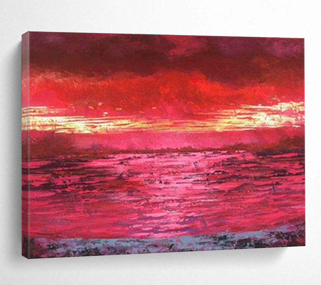 “Vibrant Red Sunset Over Water” Landscape Painting On Canvas DKS191