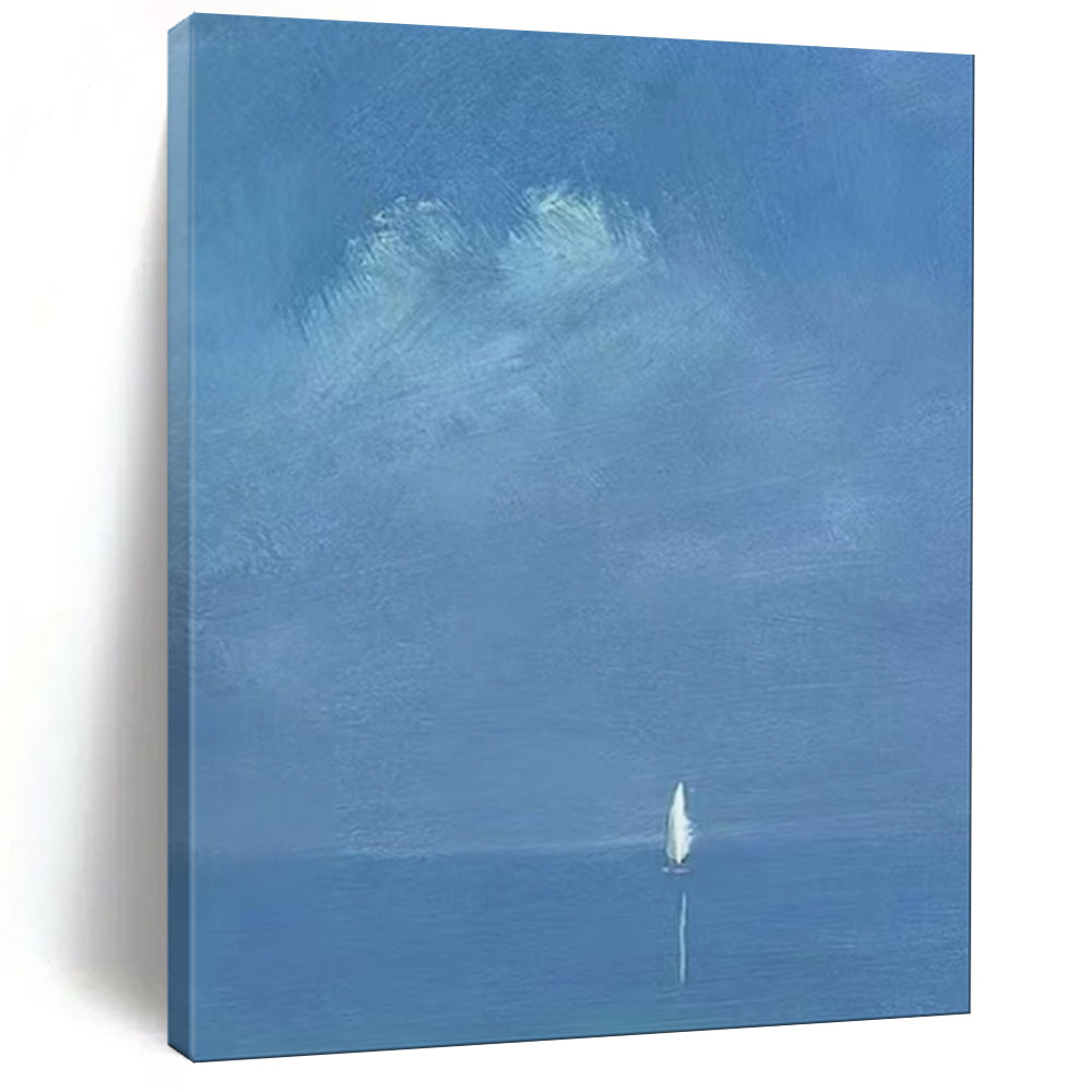 “Pale Blue Distant Sailboat” - Minimalist Maritime Painting On Canvas PT1879
