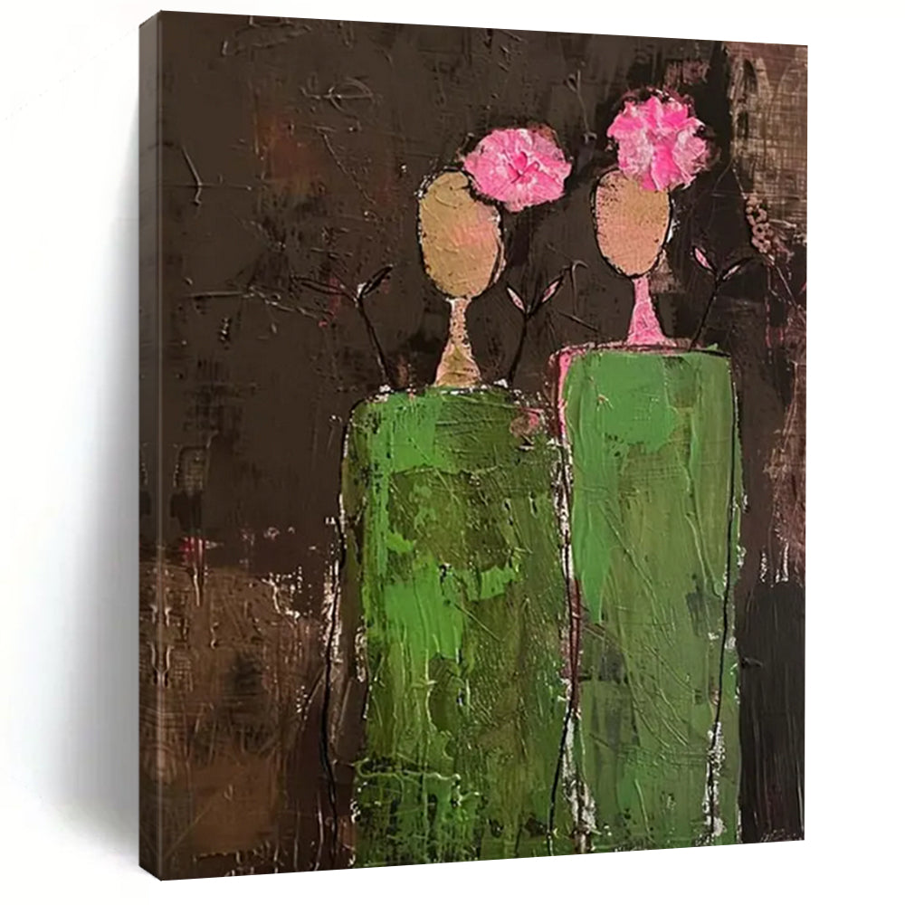 Brown - Green - Pink Abstract Figures Textured Painting On Canvas DS080