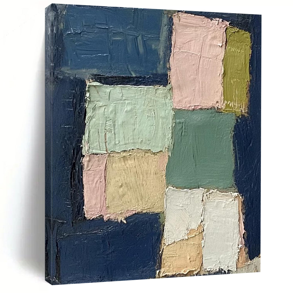 “Pastel Squares on Navy” - Minimalist Abstract Painting On Canvas DS013