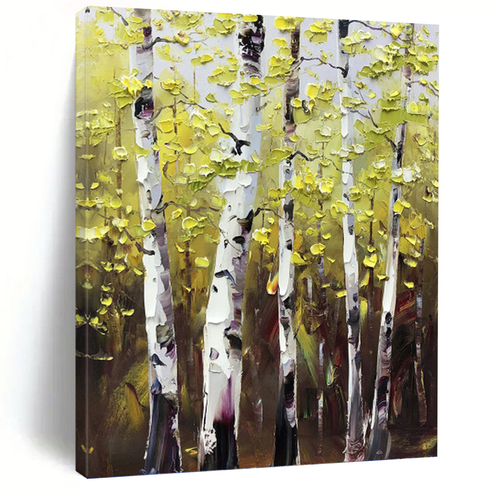 “Yellow - Green Birch Forest” - Impasto Landscape Painting On Canvas PT1282