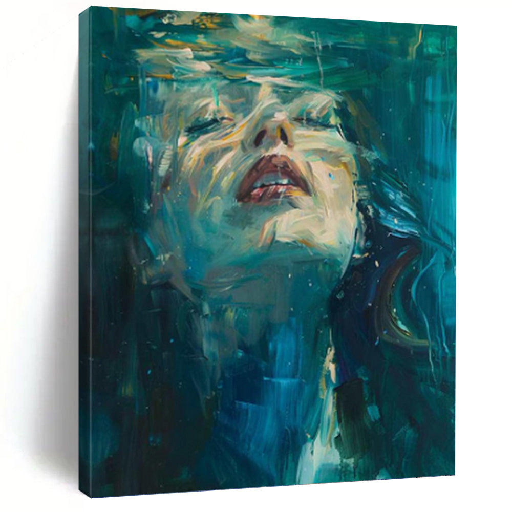 “Blue - Green Underwater Portrait” - Impasto Abstract Painting On Canvas PT1183
