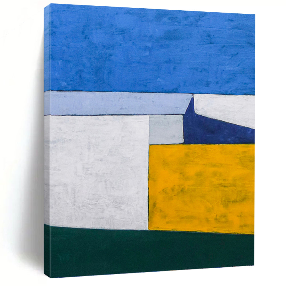 “Blue - Yellow Geometric Blocks” - Clean Lines Abstract Painting On Canvas PT1095