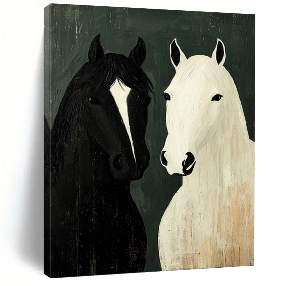 “Black and White Horse Portrait” - Folk - Inspired Animal Painting On Canvas PT1003
