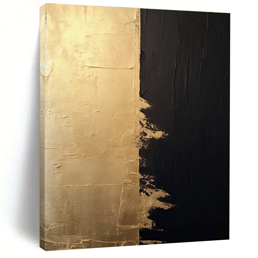 “Gold & Black Contrast” - Gold, Black Abstract Minimalist Painting On Canvas PS0690