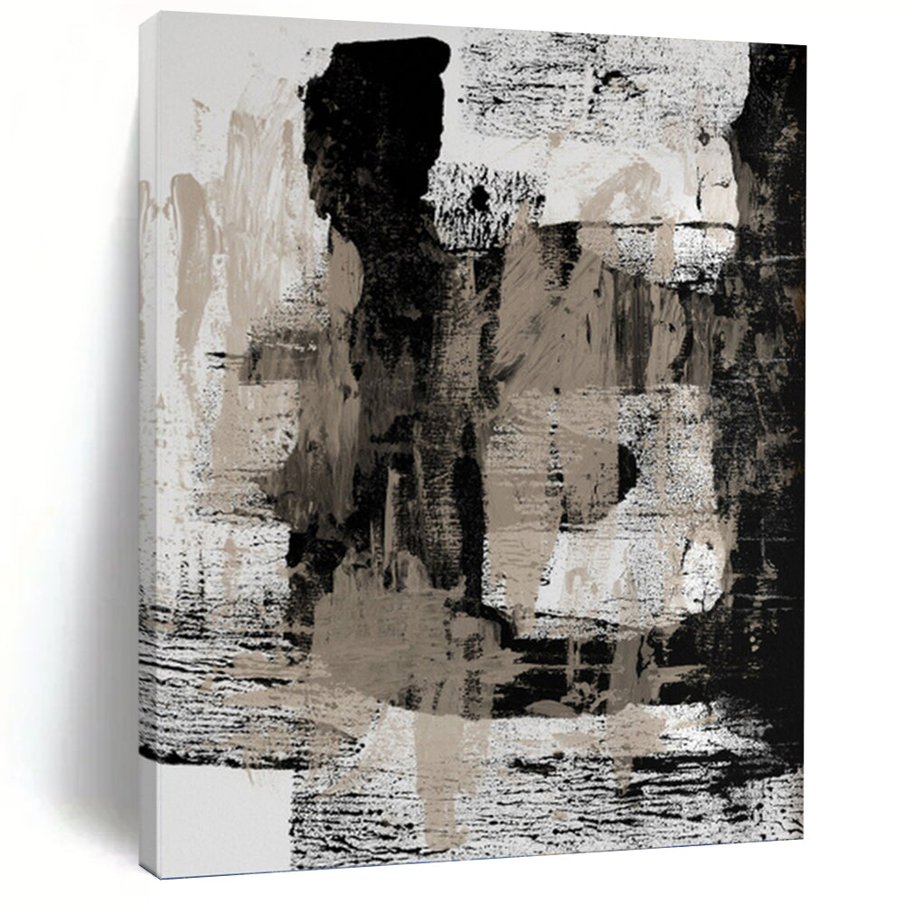 “Monochrome Textures II: Black, White, and Beige Abstract” - Dynamic Minimalist Art On Canvas PT0967