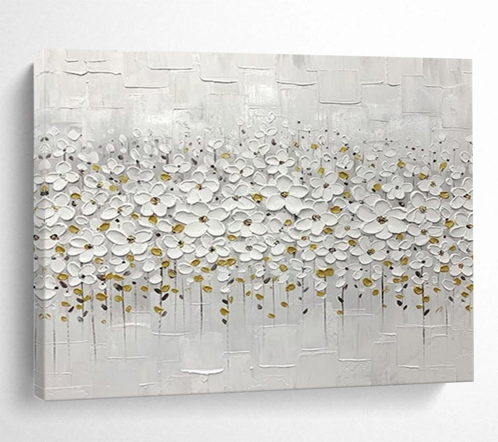 “White & Gold Floral Impasto” - Elegant Textured Painting On Canvas PT214