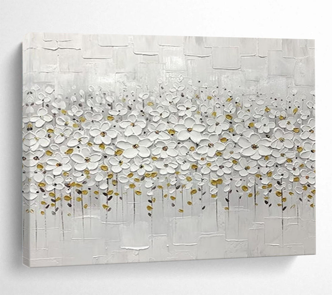 “White & Gold Floral Impasto” - Elegant Textured Painting On Canvas PT214