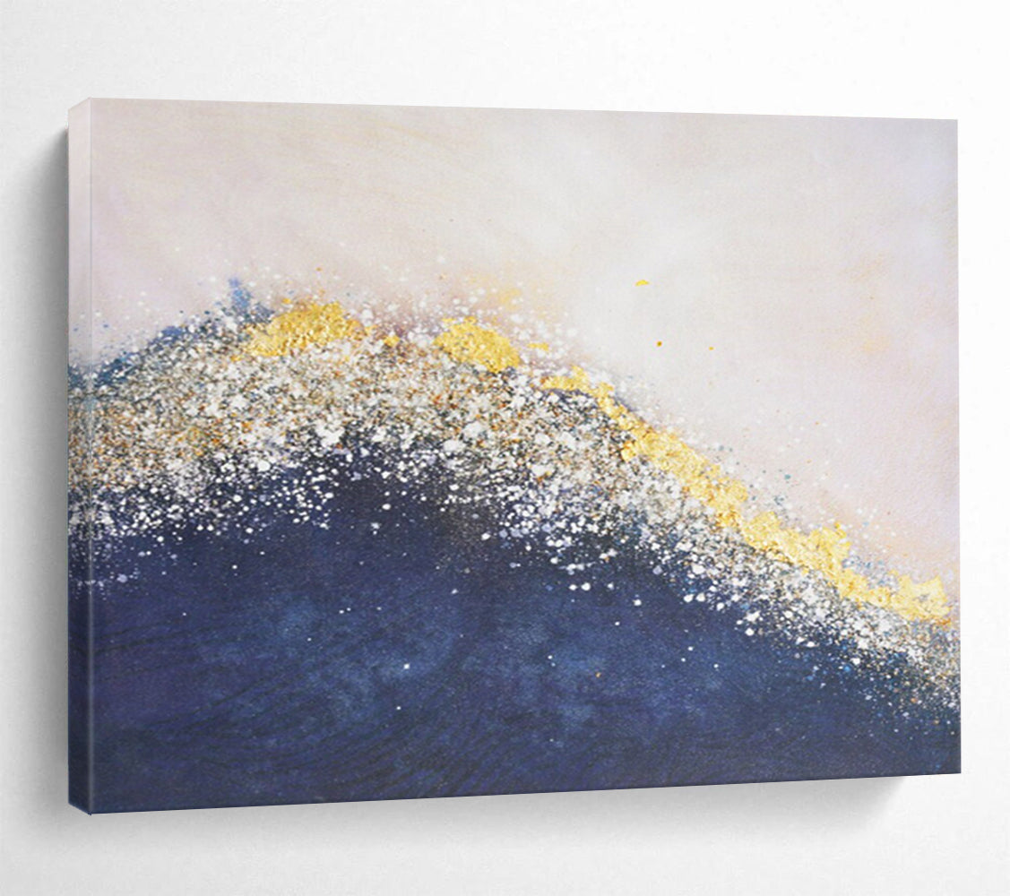 “Blue - Gold Sparkle Wave” - Mixed - Media Abstract Painting On Canvas PT268