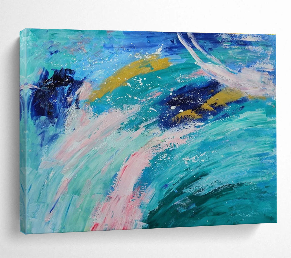 Ocean Waves Abstract: Blue, Green & Pink Expressionist Painting for Beach House & Coastal Café DKS654