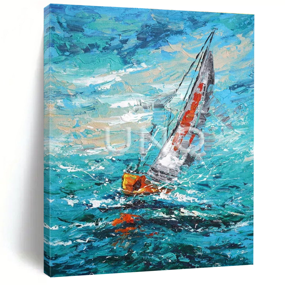 Impasto Sailboat on Blue Sea, "Sailing Impression" – Impressionistic Seascape Painting On Canvas PS0915